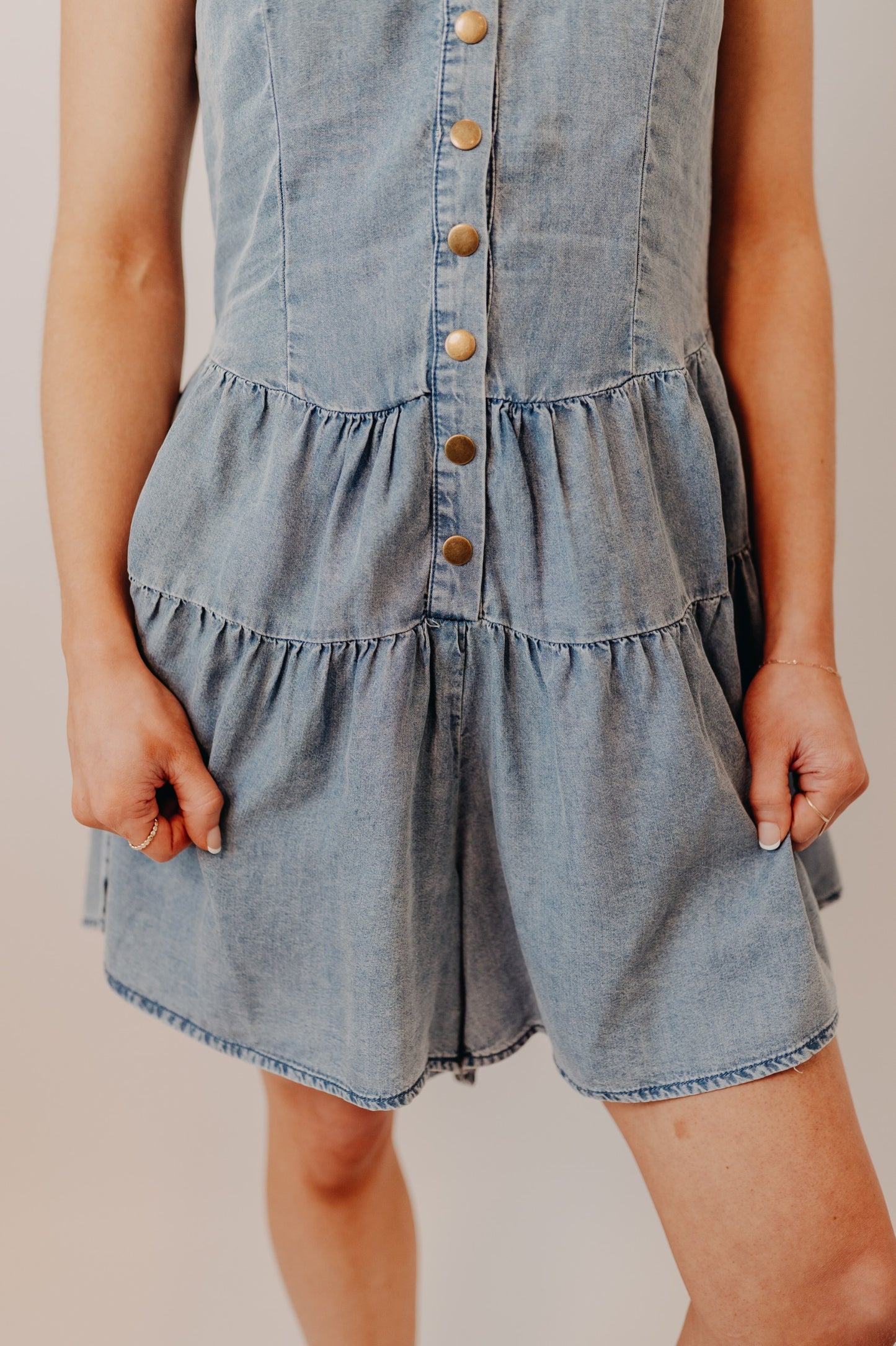 Doe & Rae | Denim Tiered Flare Romper | Dk Denim