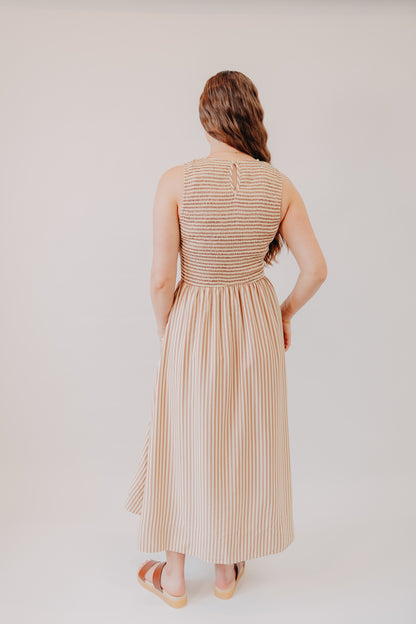 Miou Muse | Striped Smocked Top Dress | Brown