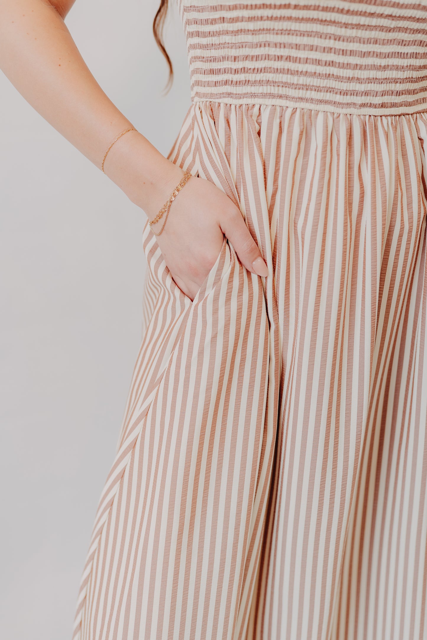 Miou Muse | Striped Smocked Top Dress | Brown