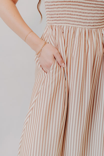 Miou Muse | Striped Smocked Top Dress | Brown