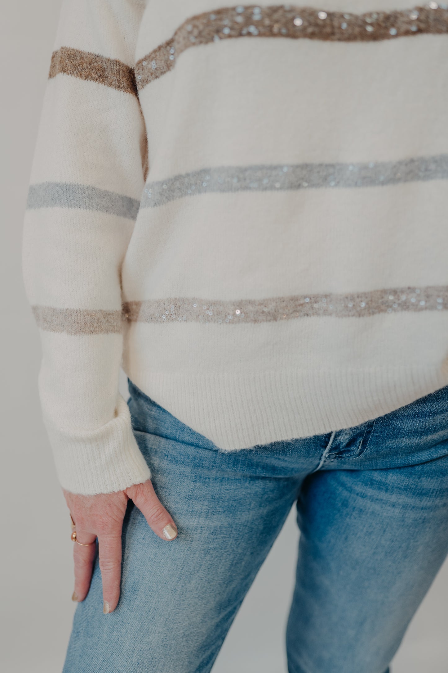 Staccato | Beaded Striped Pullover Sweater | Ivory