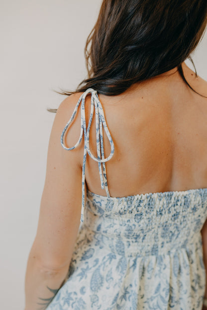 Doe & Rae | Pleated Torso Fit Flare Mini Dress | Ivory Denim