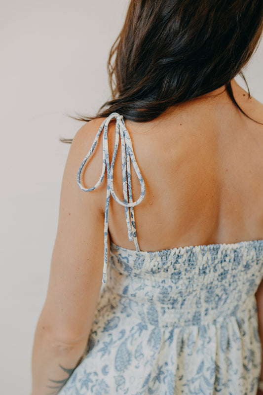 Doe & Rae | Pleated Torso Fit Flare Mini Dress | Ivory Denim