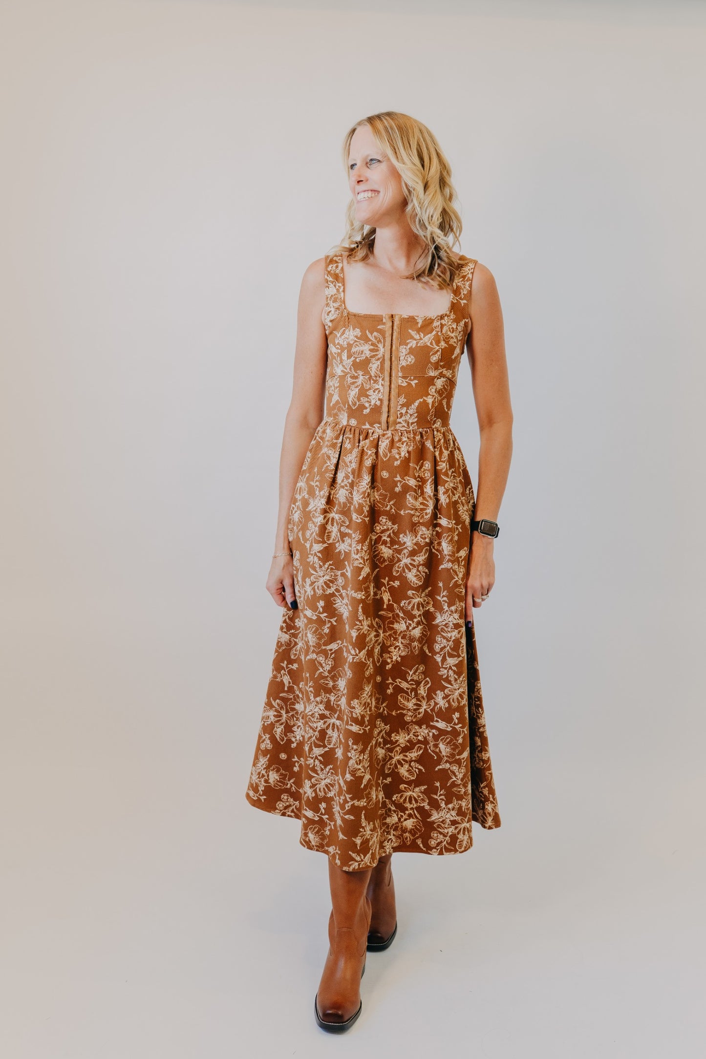 Blu Pepper | Floral Toile Midi Dress | Caramel