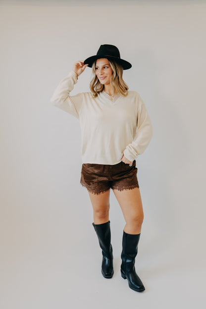 Miou Muse | Long Sleeve Lace Contrast Knit Top | Cream