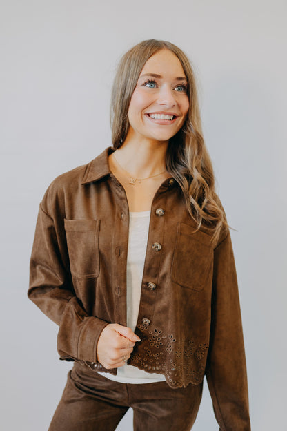 Hem & Thread | Faux Suede Embroidered Hem Jacket | Chocolate