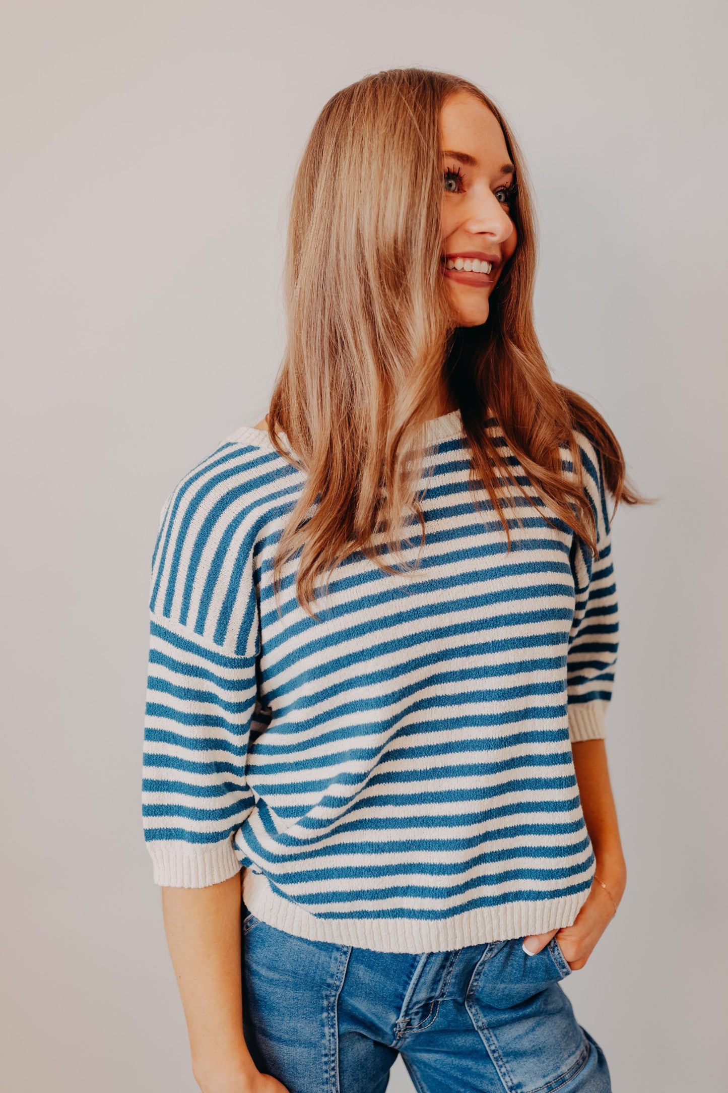 Blu Pepper | Striped Contrast Trim Knit Sweater | Blue