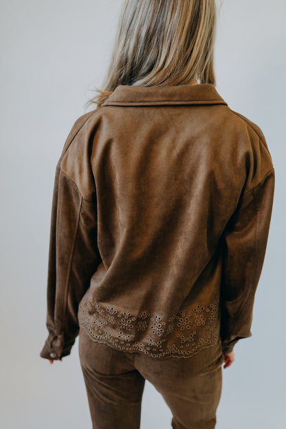 Hem & Thread | Faux Suede Embroidered Hem Jacket | Chocolate