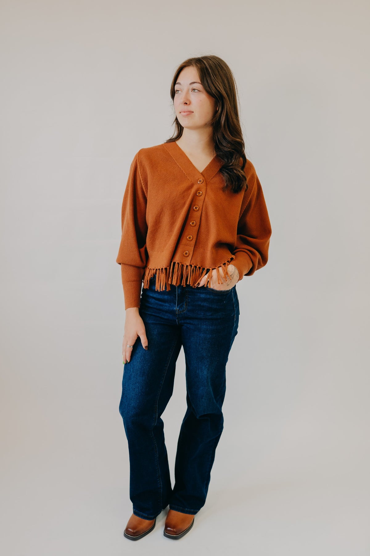 Staccato | Fringe Hem Button Down Cardigan | Dark Camel