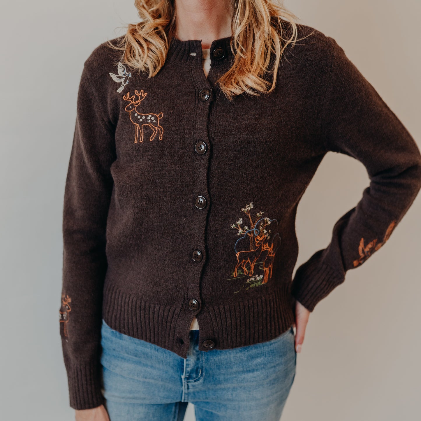 Blu Pepper | Animal Embroidered Cardigan | Chocolate