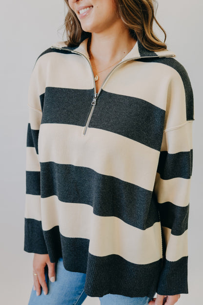 By Together | Fontaine Half Zip Striped Long Sleeve | Charcoal
