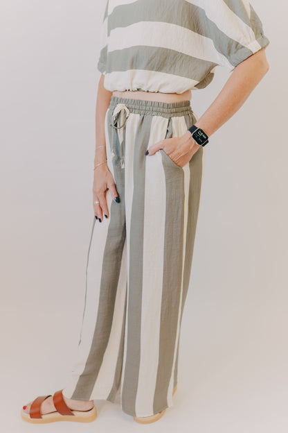 Miou Muse | Wide Striped Wide Leg Trousers | Olive