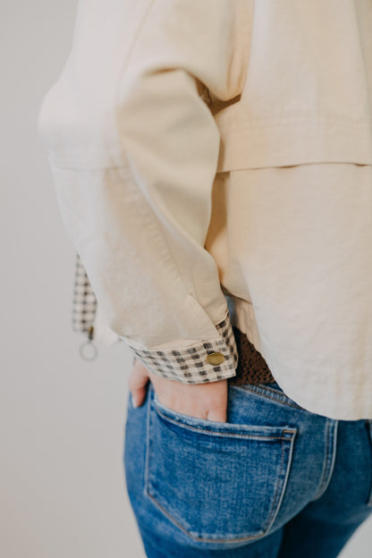 Miou Muse | Gingham Collared Twill Jacket | Beige