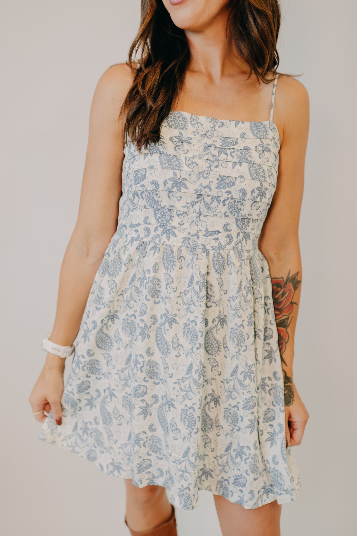 Doe & Rae | Pleated Torso Fit Flare Mini Dress | Ivory Denim