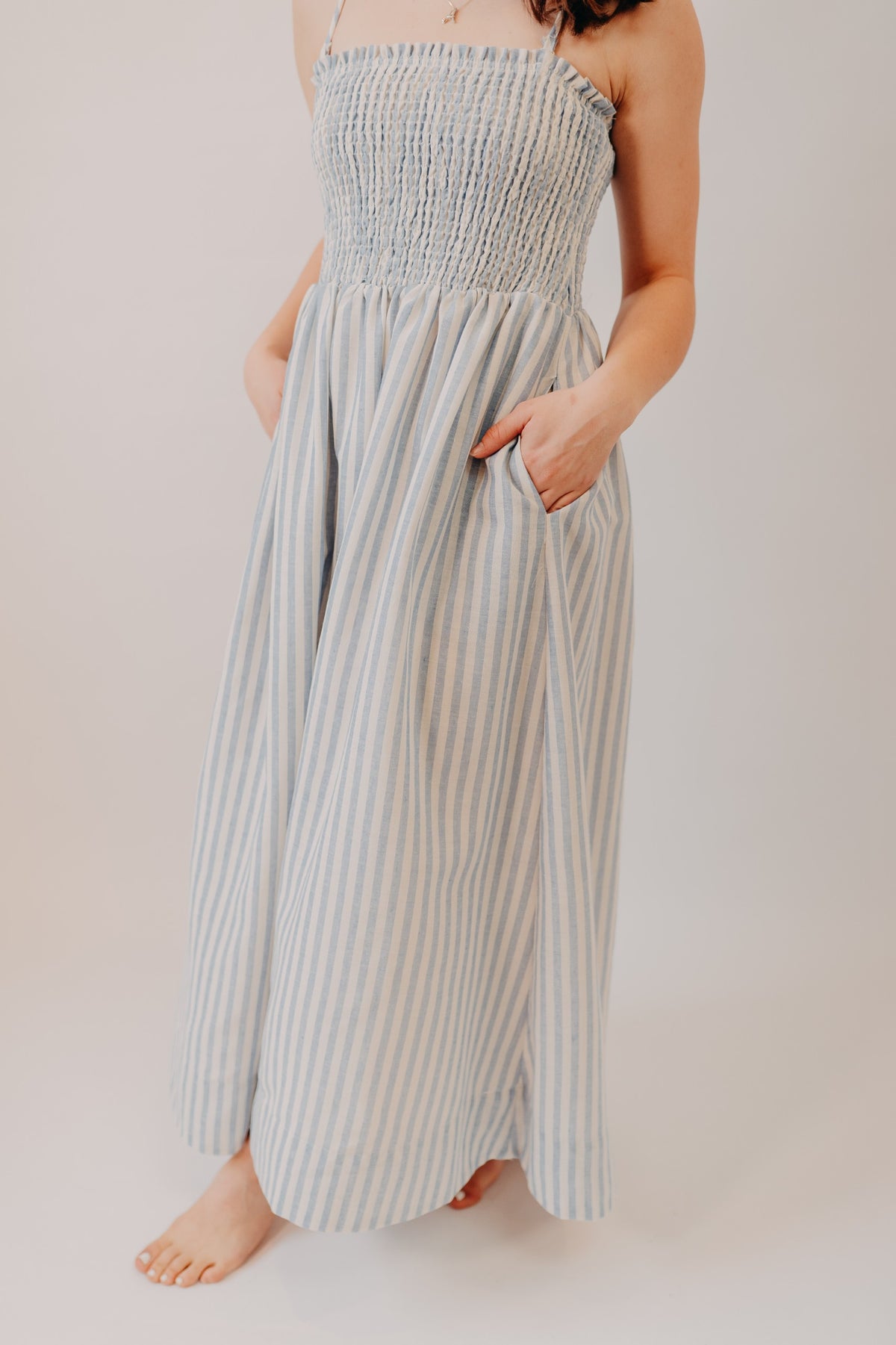 Miou Muse | Striped Smock Top Maxi Dress | Blue