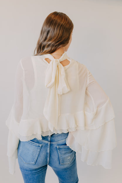 by Together | Baroque Flared Cuff Crop Woven Top | Cream
