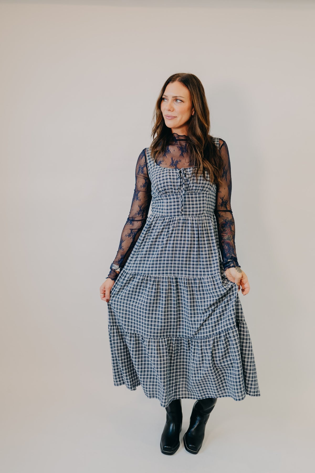 Blu Pepper | Plaid Corset Tiered Midi Dress | Navy