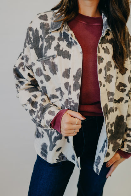 By Together | Rogue Cow Print Denim Jacket | Cream Chocolate