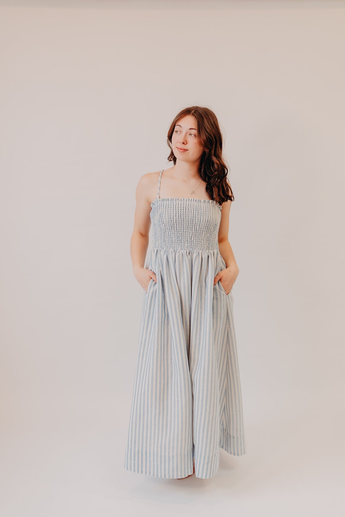Miou Muse | Striped Smock Top Maxi Dress | Blue