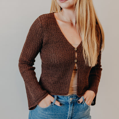 Blu Pepper | Bell Sleeve Crochet Cardigan | Brown
