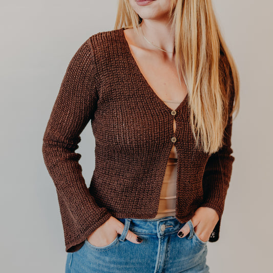 Blu Pepper | Bell Sleeve Crochet Cardigan | Brown