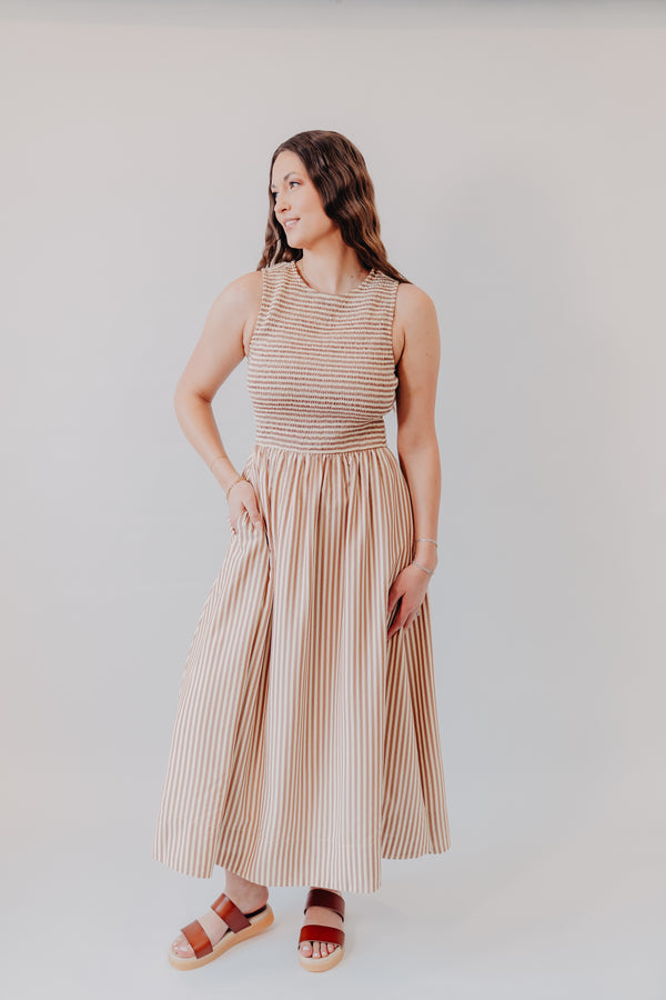 Miou Muse | Striped Smocked Top Dress | Brown
