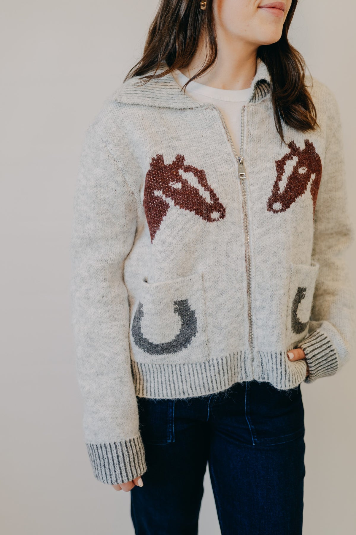 Blu Pepper | Western Jacquard Collared Cardigan | Heather Grey