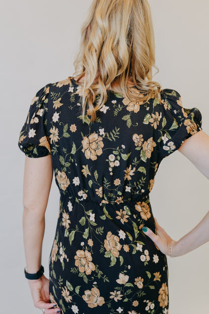 Blu Pepper | Floral Puff Sleeve Midi Dress | Black Multi