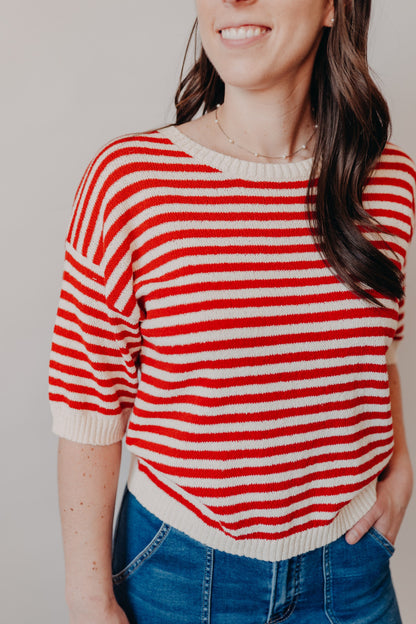 Blu Pepper | Striped Contrast Trim Knit Sweater | Red