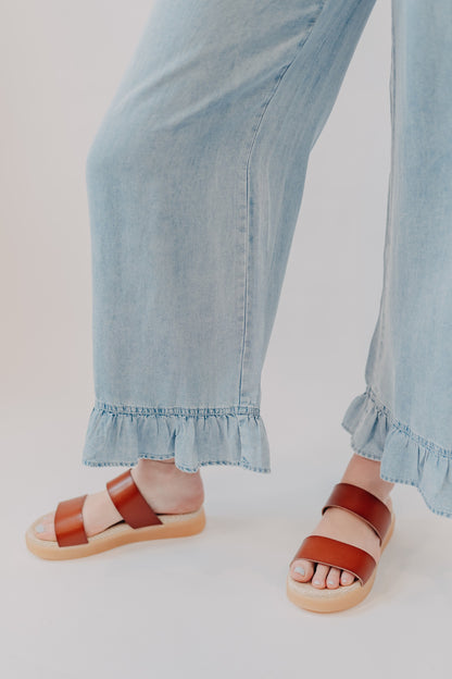 Doe & Rae | Denim Ruffle Wide Leg Pant | Lt Denim