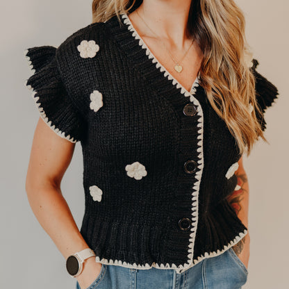 Blu Pepper | Crochet Floral Ruffled Cardigan | Black