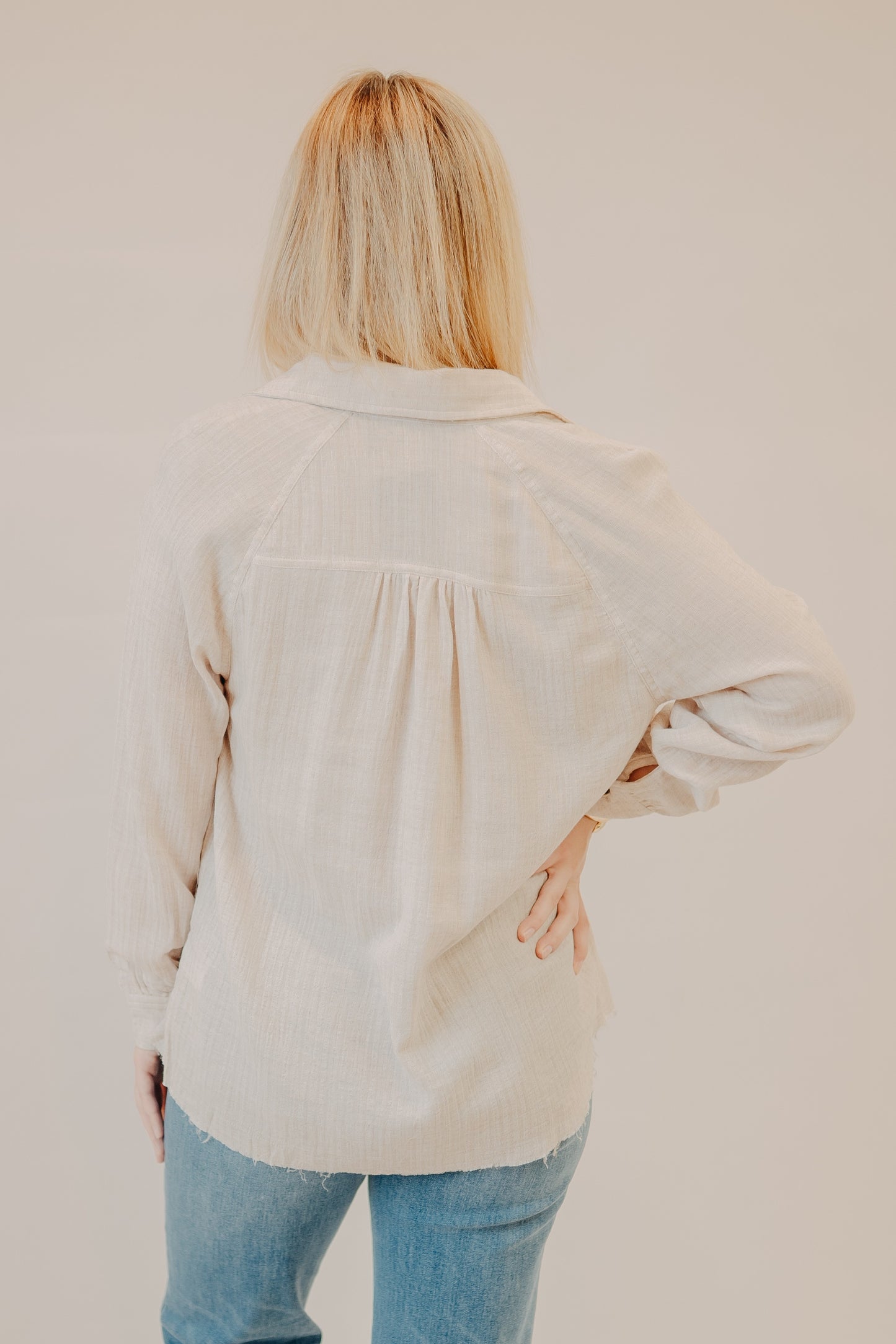 Staccato | Raglan Button Down Striped Top | Taupe