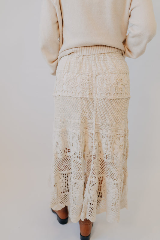 Doe & Rae | Crochet Floral Midi Skirt | Cream