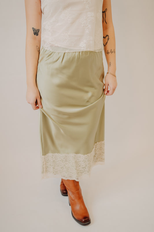 Wishlist | Lace Trim Satin Midi Skirt | Matcha Cream