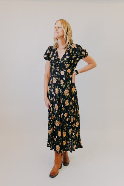Blu Pepper | Floral Puff Sleeve Midi Dress | Black Multi