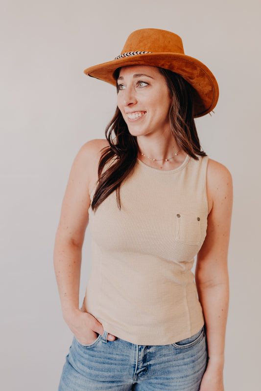 Doe & Rae | Striped Knit Puff Sleeve Top | Lt Tan