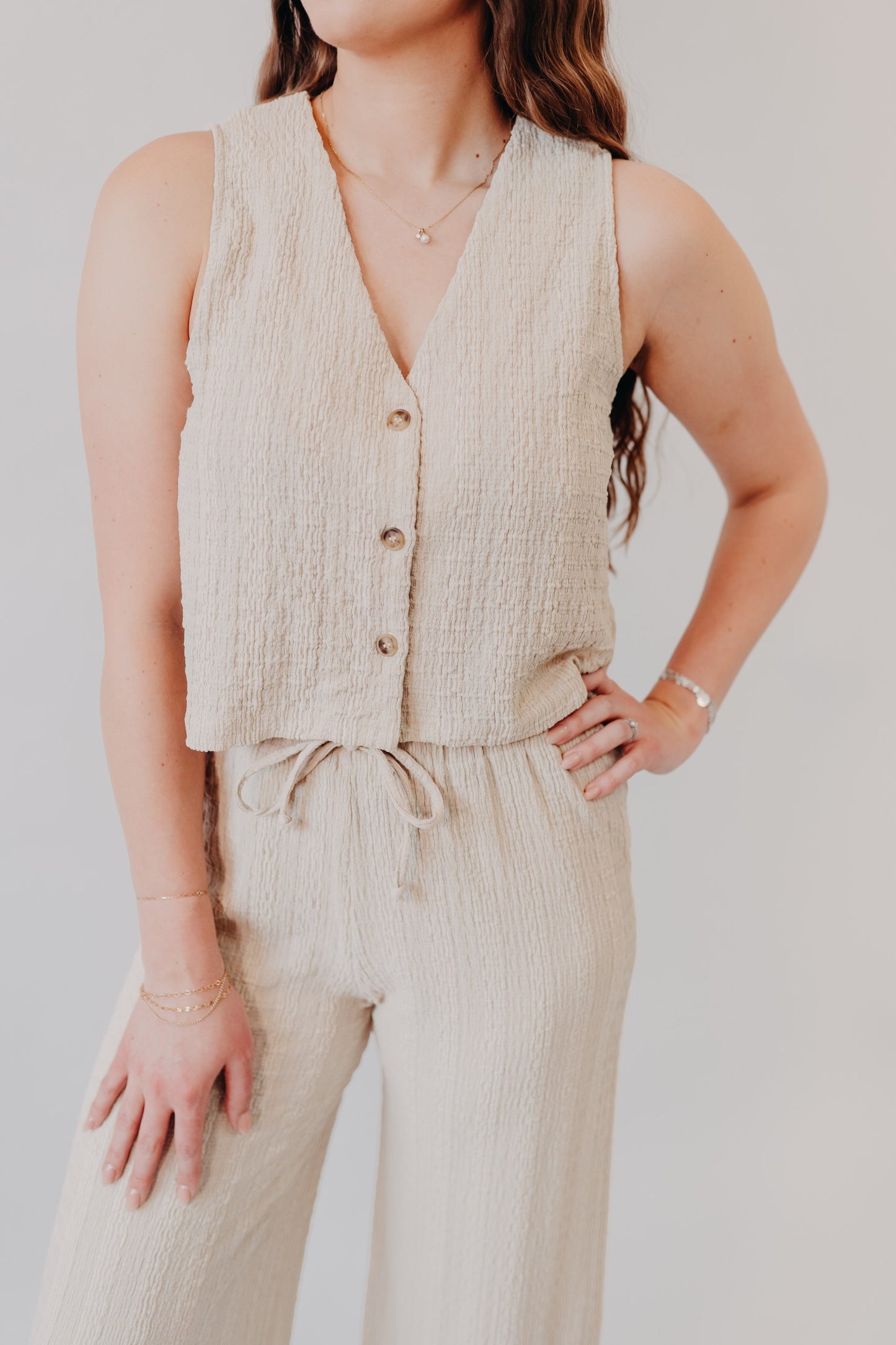 Miou Muse | Crinkled Fabric Button Up Top | Tan