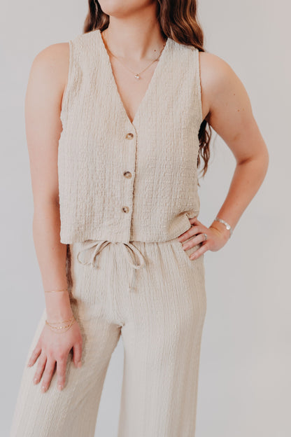 Miou Muse | Crinkled Fabric Button Up Top | Tan