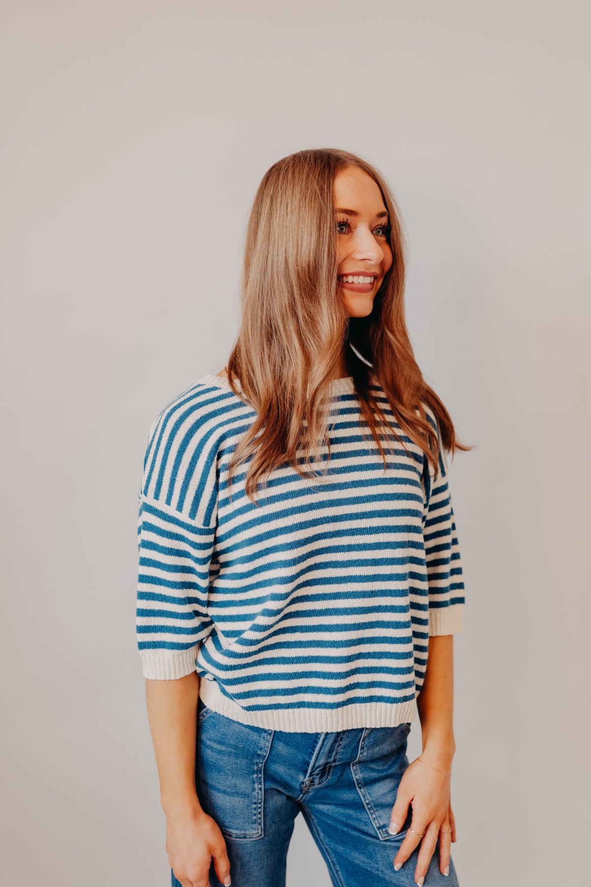 Blu Pepper | Striped Contrast Trim Knit Sweater | Blue