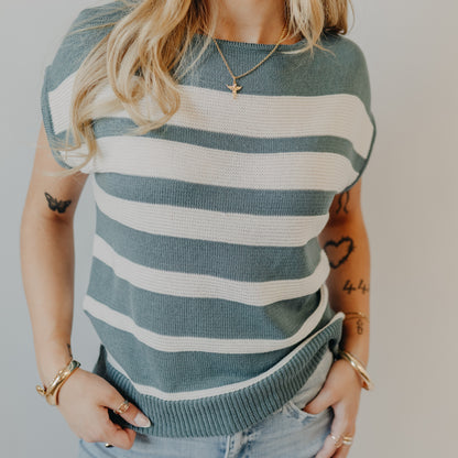 Staccato | Striped Pointelle Sweater | Slate Blue