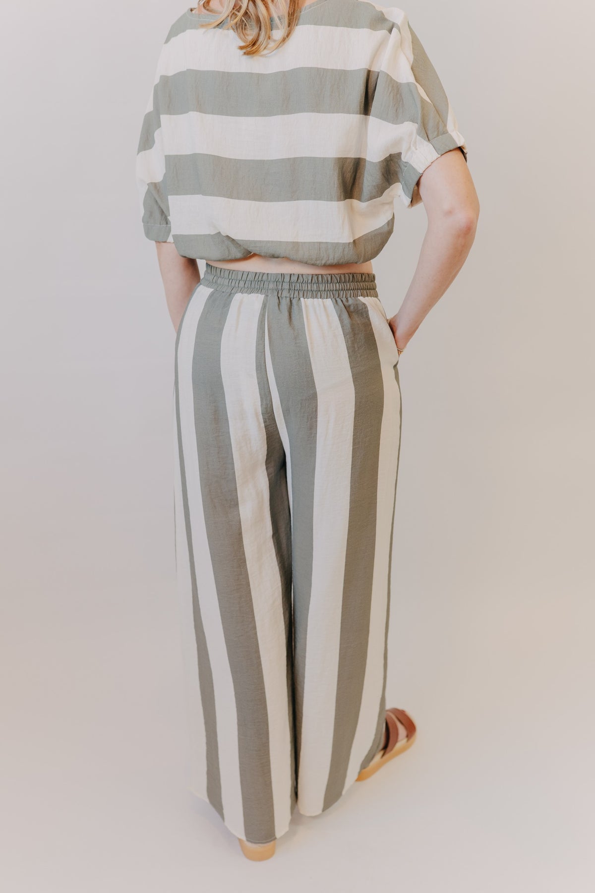 Miou Muse | Wide Striped Wide Leg Trousers | Olive