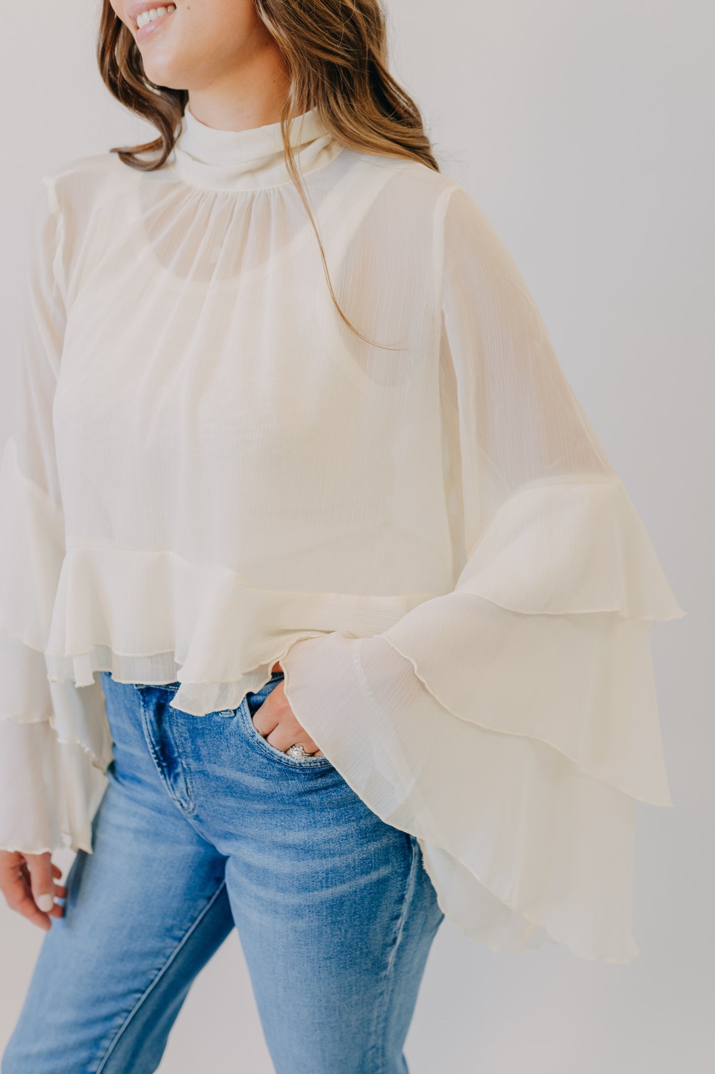by Together | Baroque Flared Cuff Crop Woven Top | Cream
