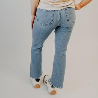 Flying Monkey | High Rise Raw Slant Hem Crop Flare | Cedar Lane