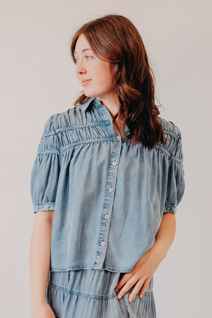 Doe & Rae | Tencel Chambray Button Down Top | Med Denim