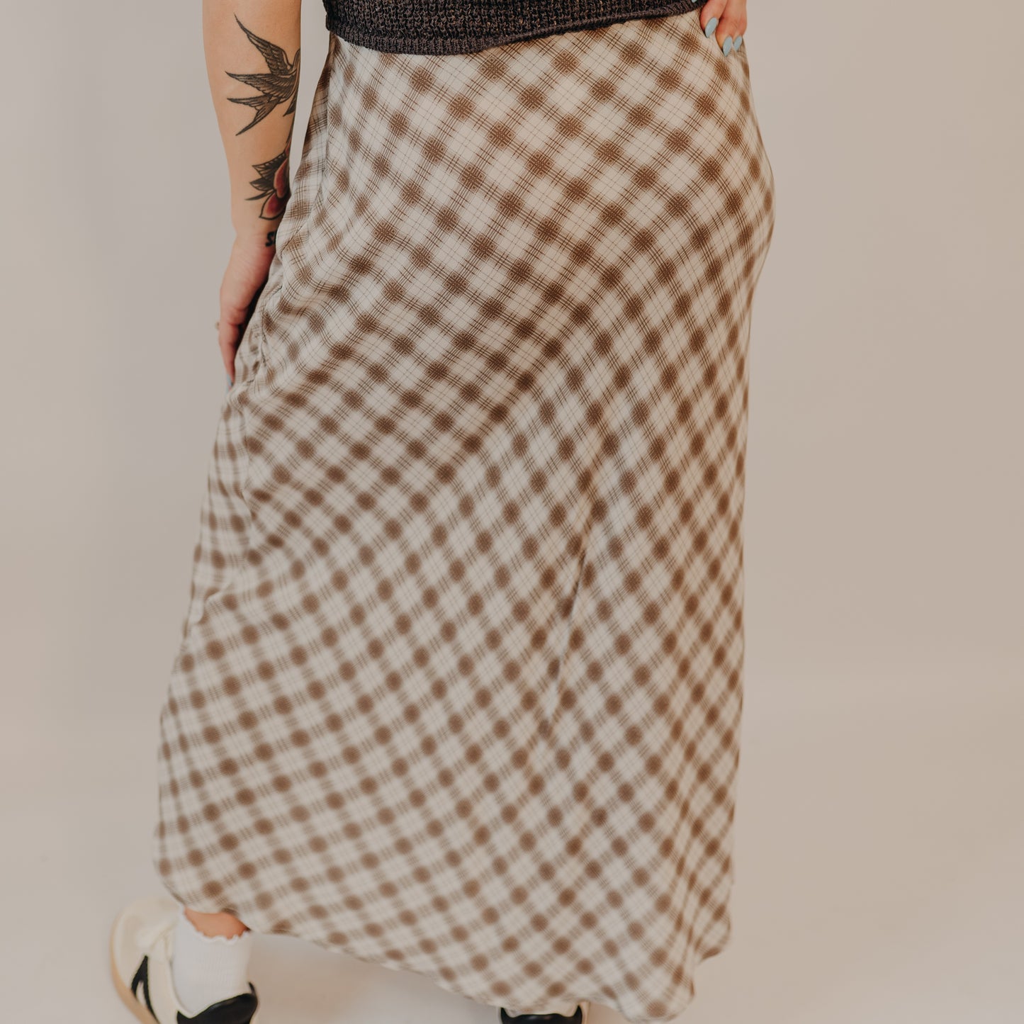 Blu Pepper | Plaid High Waist Midi Skirt | Lt Khaki