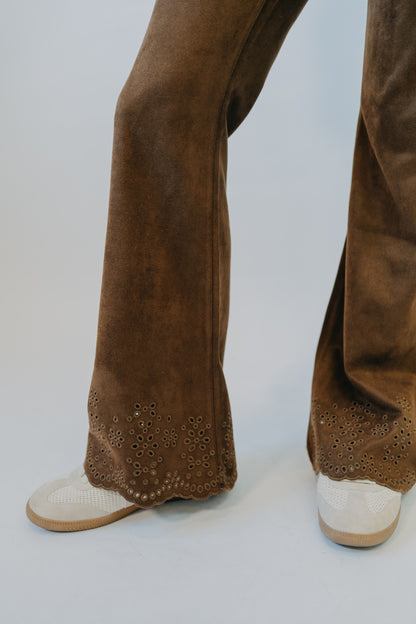 Hem & Thread | Faux Suede Embroidered Hem Pant | Chocolate