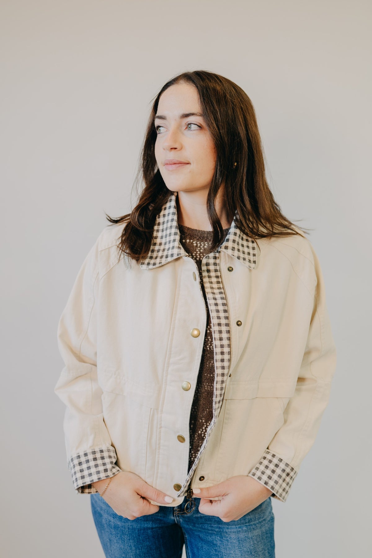 Miou Muse | Gingham Collared Twill Jacket | Beige