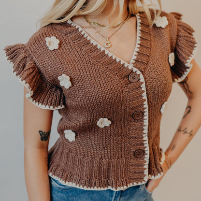 Blu Pepper | Crochet Floral Ruffled Cardigan | Brown