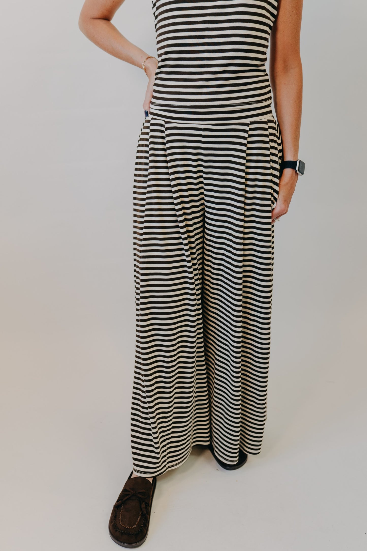 By Together | Fine Line Wide Leg Knit Pants | Cream Brown