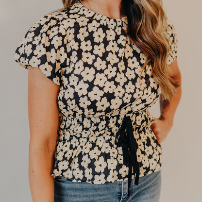 Doe & Rae | Poplin Bubble Drawstring Peplum Top | Black